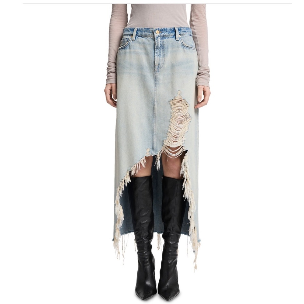 7 For All Mankind Denim Midi Skirt‎ Peaches Distressed Ripped Raw Hem Size 26